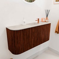 JOYA-DLUX 93,2cm mueble fondo reducido curva izquierda + derecha color Ruby. Lavabo FAYE posición Centro 1 orificio color Ostra.-3