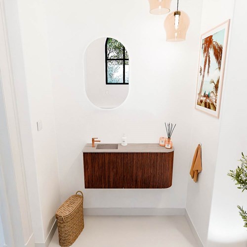 JOYA-DLUX 91,6cm mueble fondo reducido curva derecha color Ruby. Lavabo FAYE posición Izquierda 1 orificio color Saba.-2