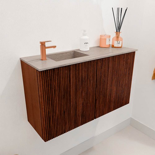 JOYA-DLUX 70cm mueble fondo reducido color Ruby. Lavabo FAYE posición Izquierda 1 orificio color Saba.-3