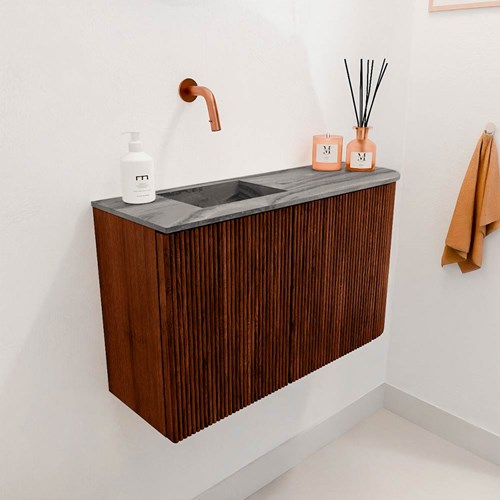 JOYA-DLUX 71,6cm toiletmeubel ronding rechts kleur Ruby. Wastafel FAYE positie Links Zonder kraangat kleur Sombra.-3
