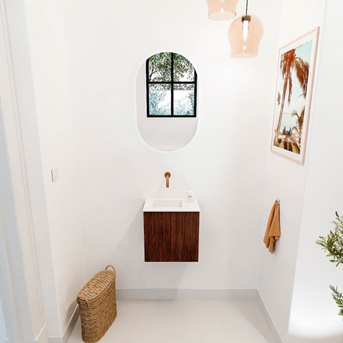 JOYA 40cm toiletmeubel kleur Ruby. Wastafel FAYE positie Links Zonder kraangat kleur Talc.-2