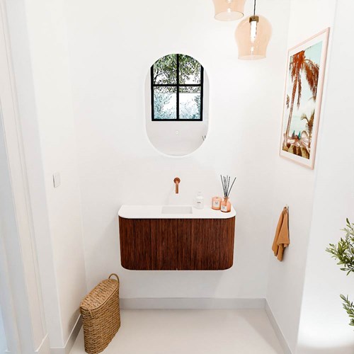 JOYA 83,2cm meuble lave-main courbe gauche + droite couleur Ruby. Lavabo FAYE position Centrée sans trou pour robinet couleur Talc.-2