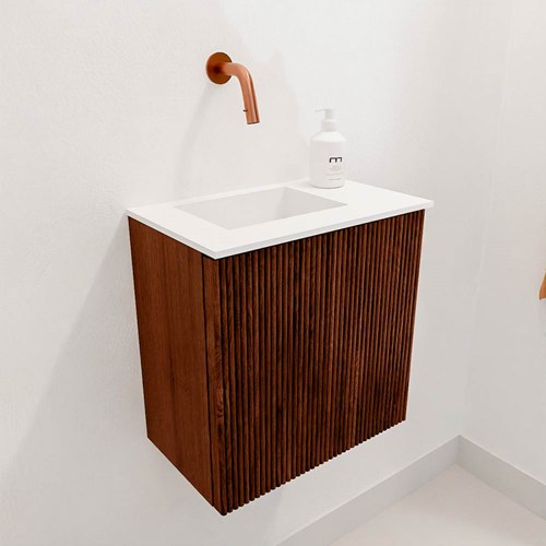 JOYA 40cm toiletmeubel kleur Ruby. Wastafel FAYE positie Links Zonder kraangat kleur Talc.-3