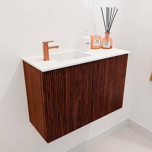 JOYA 60cm toiletmeubel kleur Ruby. Wastafel FAYE positie Links 1 kraangat kleur Talc.-3