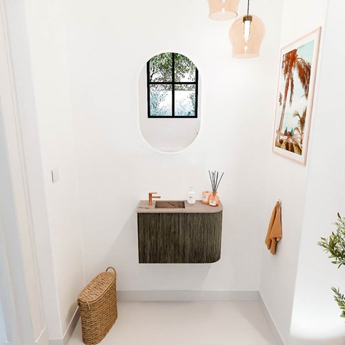 JOYA-DLUX 61,6cm cloakroom vanity set curve right color Shadow. Vanity top FAYE position Left 1 tab hole color Arena.-2