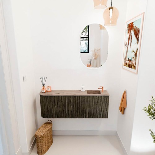 JOYA-DLUX 111,6cm mueble fondo reducido curva izquierda color Shadow. Lavabo FAYE posición Derecho 1 orificio color Arena.-2