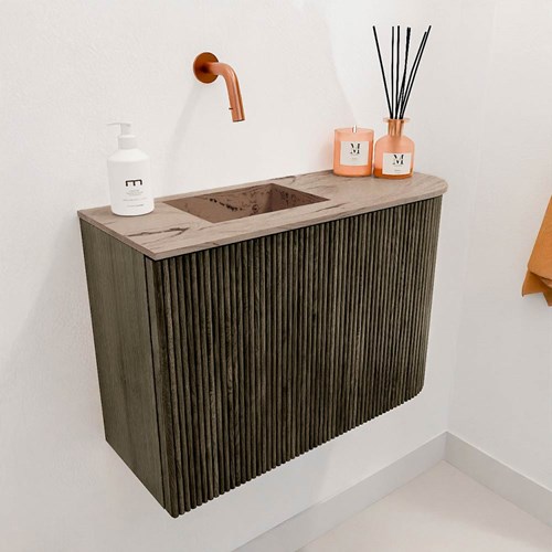 JOYA-DLUX 61,6cm meuble lave-main courbe droite couleur Shadow. Lavabo FAYE position Gauche sans trou pour robinet couleur Arena.-3