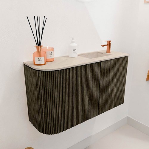 JOYA-DLUX 71,6cm mueble fondo reducido curva izquierda color Shadow. Lavabo FAYE posición Derecho 1 orificio color Frappe.-3