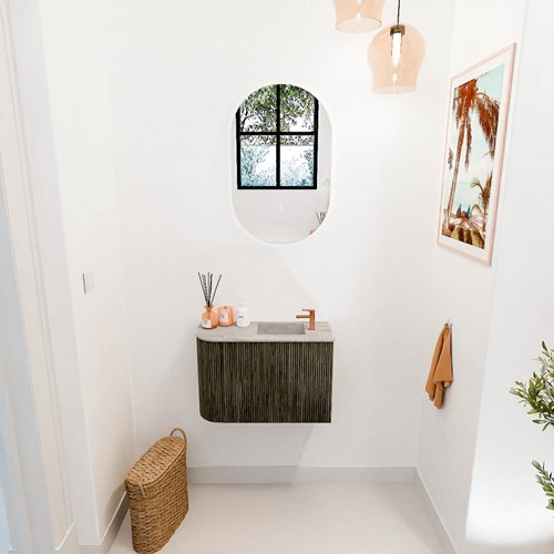 JOYA-DLUX 61,6cm meuble lave-main courbe gauche couleur Shadow. Lavabo FAYE position Droite 1 trou pour robinetter couleur Glace.-2