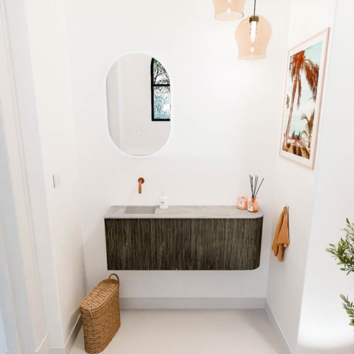 JOYA-DLUX 111,6cm toiletmeubel ronding rechts kleur Shadow. Wastafel FAYE positie Links Zonder kraangat kleur Glace.-2