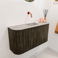 JOYA-DLUX 83,2cm mueble fondo reducido curva izquierda + derecha color Shadow. Lavabo FAYE posición Centro sin orificio color Glace.-3