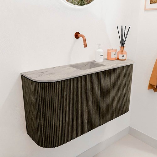 JOYA-DLUX 83,2cm mueble fondo reducido curva izquierda + derecha color Shadow. Lavabo FAYE posición Centro sin orificio color Glace.-3