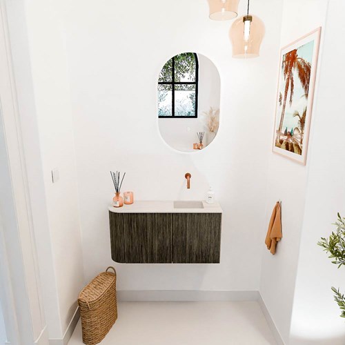 JOYA-DLUX 81,6cm mobile lavabo colore curva sinistra Shadow. Lavabo FAYE posizione Destra senza foro per il rubinetto colore Meli.-2