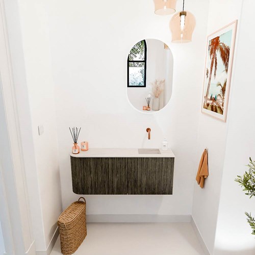 JOYA-DLUX 101,6cm mueble fondo reducido curva izquierda color Shadow. Lavabo FAYE posición Derecho sin orificio color Meli.-2