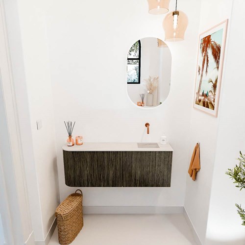 JOYA-DLUX 111,6cm toiletmeubel ronding links kleur Shadow. Wastafel FAYE positie Rechts Zonder kraangat kleur Meli.-2