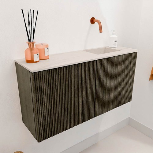 JOYA-DLUX 80cm mueble fondo reducido color Shadow. Lavabo FAYE posición Derecho sin orificio color Meli.-3