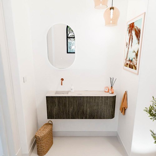 JOYA-DLUX 111,6cm toiletmeubel ronding rechts kleur Shadow. Wastafel FAYE positie Links Zonder kraangat kleur Nata.-2