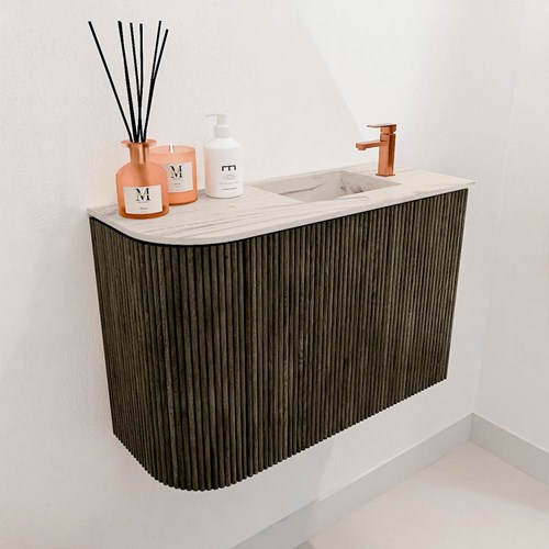 JOYA-DLUX 61,6cm mueble fondo reducido curva izquierda color Shadow. Lavabo FAYE posición Derecho 1 orificio color Nata.-3