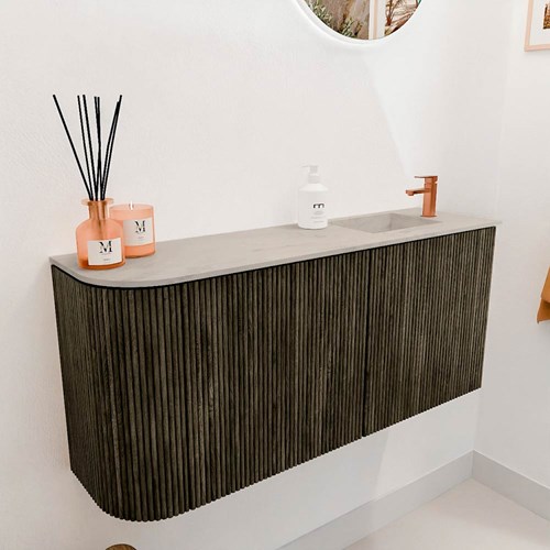 JOYA-DLUX 91,6cm mueble fondo reducido curva izquierda color Shadow. Lavabo FAYE posición Derecho 1 orificio color Opalo.-3