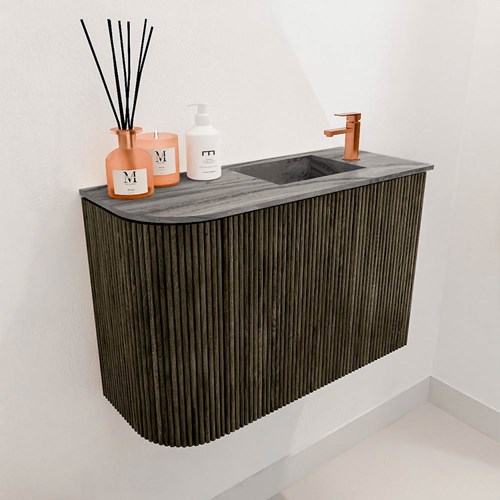 JOYA-DLUX 61,6cm mueble fondo reducido curva izquierda color Shadow. Lavabo FAYE posición Derecho 1 orificio color Sombra.-3