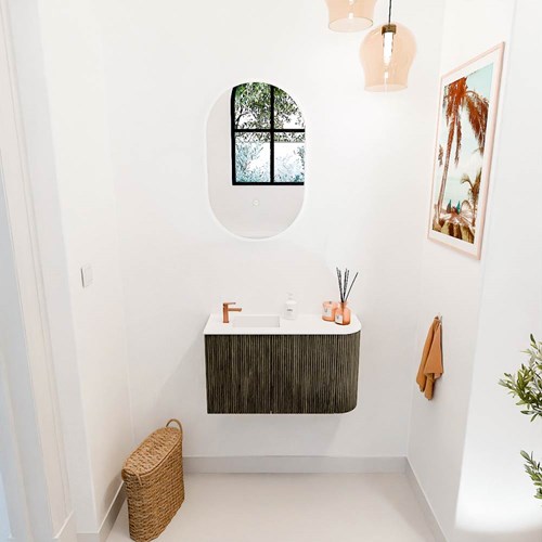 JOYA 71,6cm meuble lave-main courbe droite couleur Shadow. Lavabo FAYE position Gauche 1 trou pour robinetter couleur Talc.-2