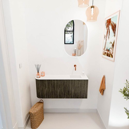 JOYA 101,6cm toiletmeubel ronding links kleur Shadow. Wastafel FAYE positie Rechts Zonder kraangat kleur Talc.-2