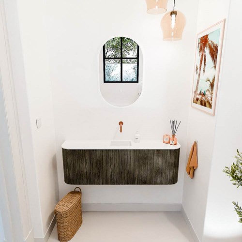 JOYA 123,2cm toiletmeubel ronding links + rechts kleur Shadow. Wastafel FAYE positie Midden Zonder kraangat kleur Talc.-2