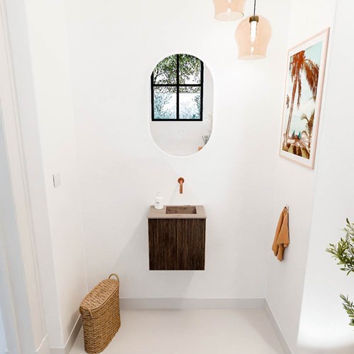 JOYA-DLUX 40cm mobile lavabo colore Walnut. Lavabo FAYE posizione Destra senza foro per il rubinetto colore Arena.-2