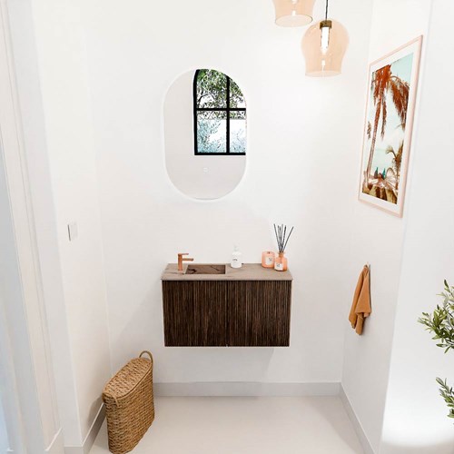 JOYA-DLUX 70cm mueble fondo reducido color Walnut. Lavabo FAYE posición Izquierda 1 orificio color Arena.-2