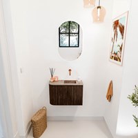 JOYA-DLUX 61,6cm mueble fondo reducido curva izquierda color Walnut. Lavabo FAYE posición Derecho sin orificio color Arena.-2