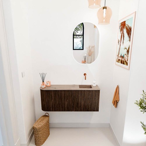 JOYA-DLUX 101,6cm toiletmeubel ronding links kleur Walnut. Wastafel FAYE positie Rechts Zonder kraangat kleur Arena.-2