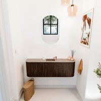 JOYA-DLUX 123,2cm mueble fondo reducido curva izquierda + derecha color Walnut. Lavabo FAYE posición Centro 1 orificio color Arena.-2