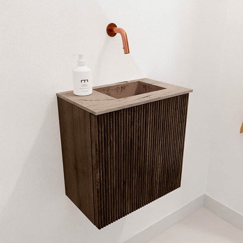 JOYA-DLUX 40cm mobile lavabo colore Walnut. Lavabo FAYE posizione Destra senza foro per il rubinetto colore Arena.-3