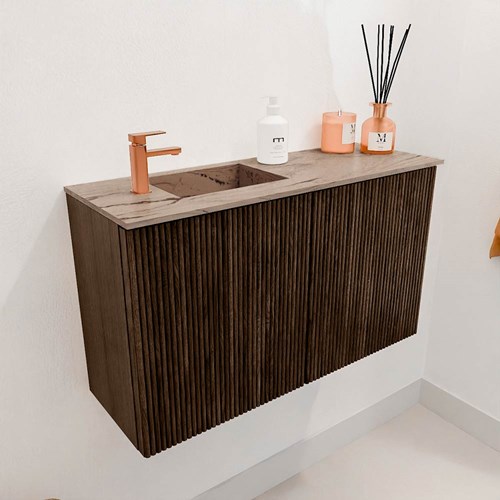 JOYA-DLUX 70cm mueble fondo reducido color Walnut. Lavabo FAYE posición Izquierda 1 orificio color Arena.-3