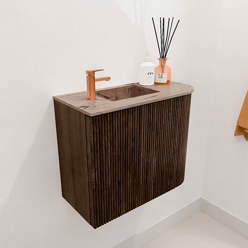 JOYA-DLUX 51,6cm meuble lave-main courbe droite couleur Walnut. Lavabo FAYE position Gauche 1 trou pour robinetter couleur Arena.-3