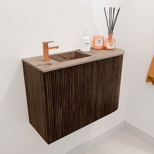 JOYA-DLUX 61,6cm mueble fondo reducido curva derecha color Walnut. Lavabo FAYE posición Izquierda 1 orificio color Arena.-3