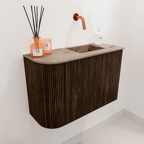 JOYA-DLUX 61,6cm mueble fondo reducido curva izquierda color Walnut. Lavabo FAYE posición Derecho sin orificio color Arena.-3