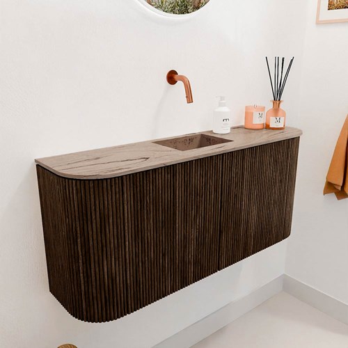 JOYA-DLUX 93,2cm WC-möbel kurve links + rechts farbe Walnut. Einbauwaschbecken FAYE position Mittig kein hahnloch farbe Arena.-3