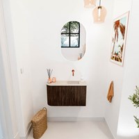 JOYA-DLUX 71,6cm toiletmeubel ronding links kleur Walnut. Wastafel FAYE positie Rechts Zonder kraangat kleur Frappe.-2