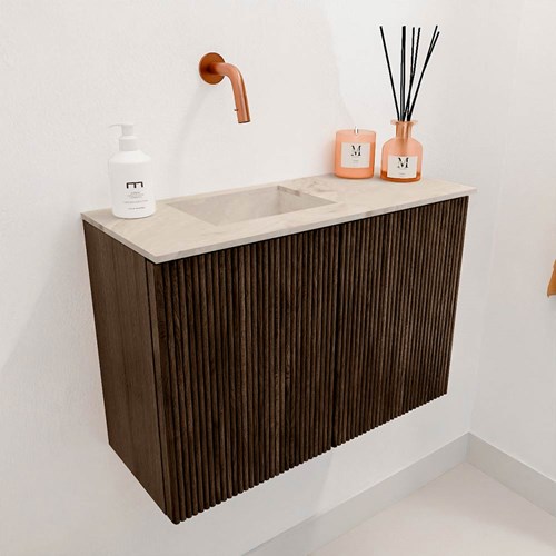 JOYA-DLUX 60cm mobile lavabo colore Walnut. Lavabo FAYE posizione Sinistra senza foro per il rubinetto colore Frappe.-3