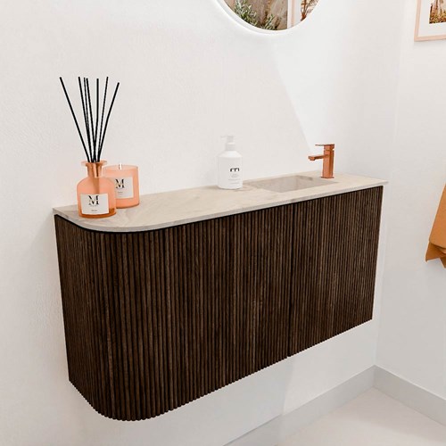 JOYA-DLUX 81,6cm cloakroom vanity set curve left color Walnut. Vanity top FAYE position Right 1 tab hole color Frappe.-3
