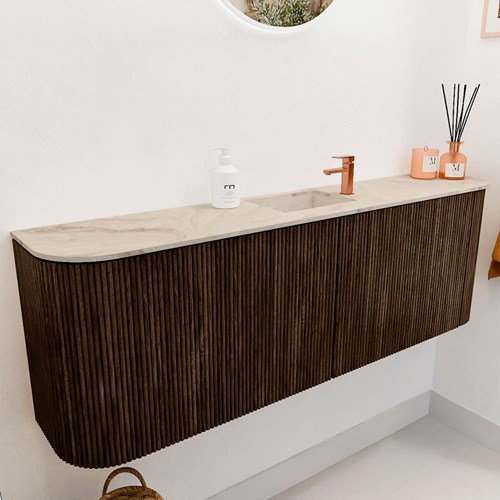 JOYA-DLUX 123,2cm meuble lave-main courbe gauche + droite couleur Walnut. Lavabo FAYE position Centrée 1 trou pour robinetter couleur Frappe.-3