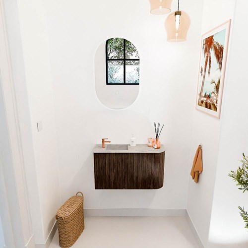 JOYA-DLUX 71,6cm mobile lavabo colore curva destra Walnut. Lavabo FAYE posizione Sinistra 1 foro per rubinetto colore Glace.-2