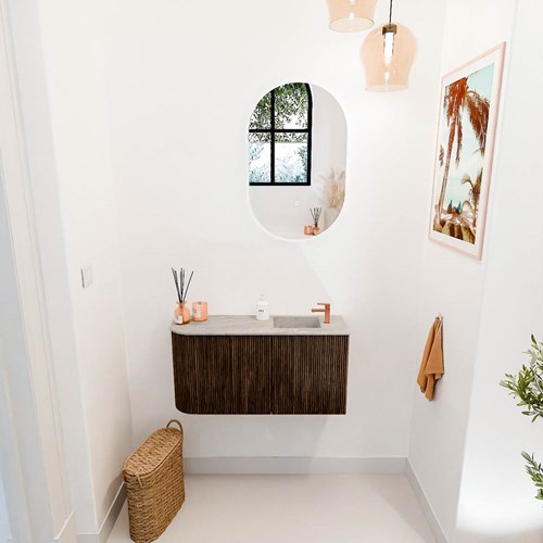 JOYA-DLUX 81,6cm mueble fondo reducido curva izquierda color Walnut. Lavabo FAYE posición Derecho 1 orificio color Glace.-2