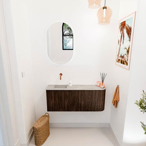 JOYA-DLUX 101,6cm toiletmeubel ronding rechts kleur Walnut. Wastafel FAYE positie Links Zonder kraangat kleur Glace.-2