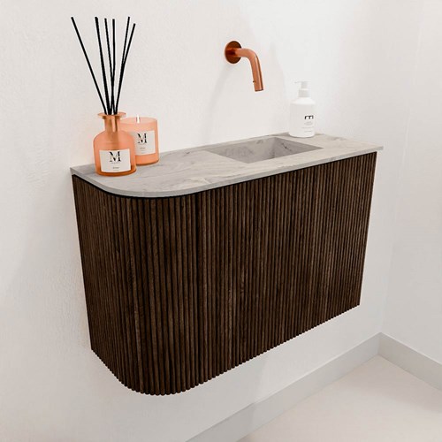 JOYA-DLUX 61,6cm mobile lavabo colore curva sinistra Walnut. Lavabo FAYE posizione Destra senza foro per il rubinetto colore Glace.-3