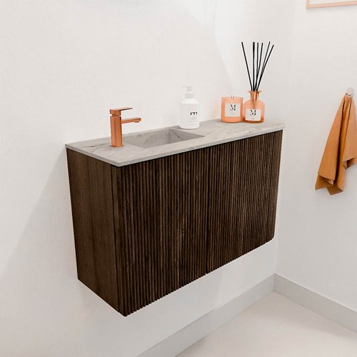 JOYA-DLUX 71,6cm mobile lavabo colore curva destra Walnut. Lavabo FAYE posizione Sinistra 1 foro per rubinetto colore Glace.-3