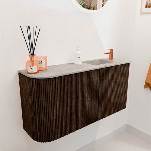 JOYA-DLUX 81,6cm mueble fondo reducido curva izquierda color Walnut. Lavabo FAYE posición Derecho 1 orificio color Glace.-3