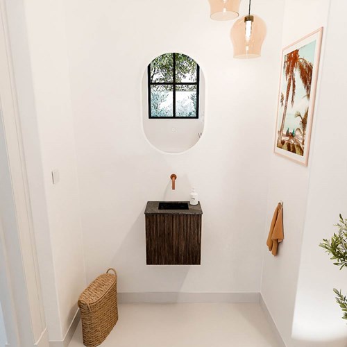JOYA-DLUX 40cm meuble lave-main couleur Walnut. Lavabo FAYE position Centrée sans trou pour robinet couleur Lava.-2
