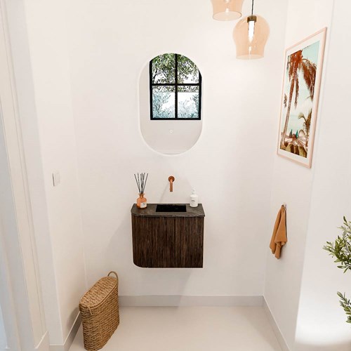 JOYA-DLUX 51,6cm mobile lavabo colore curva sinistra Walnut. Lavabo FAYE posizione Destra senza foro per il rubinetto colore Lava.-2